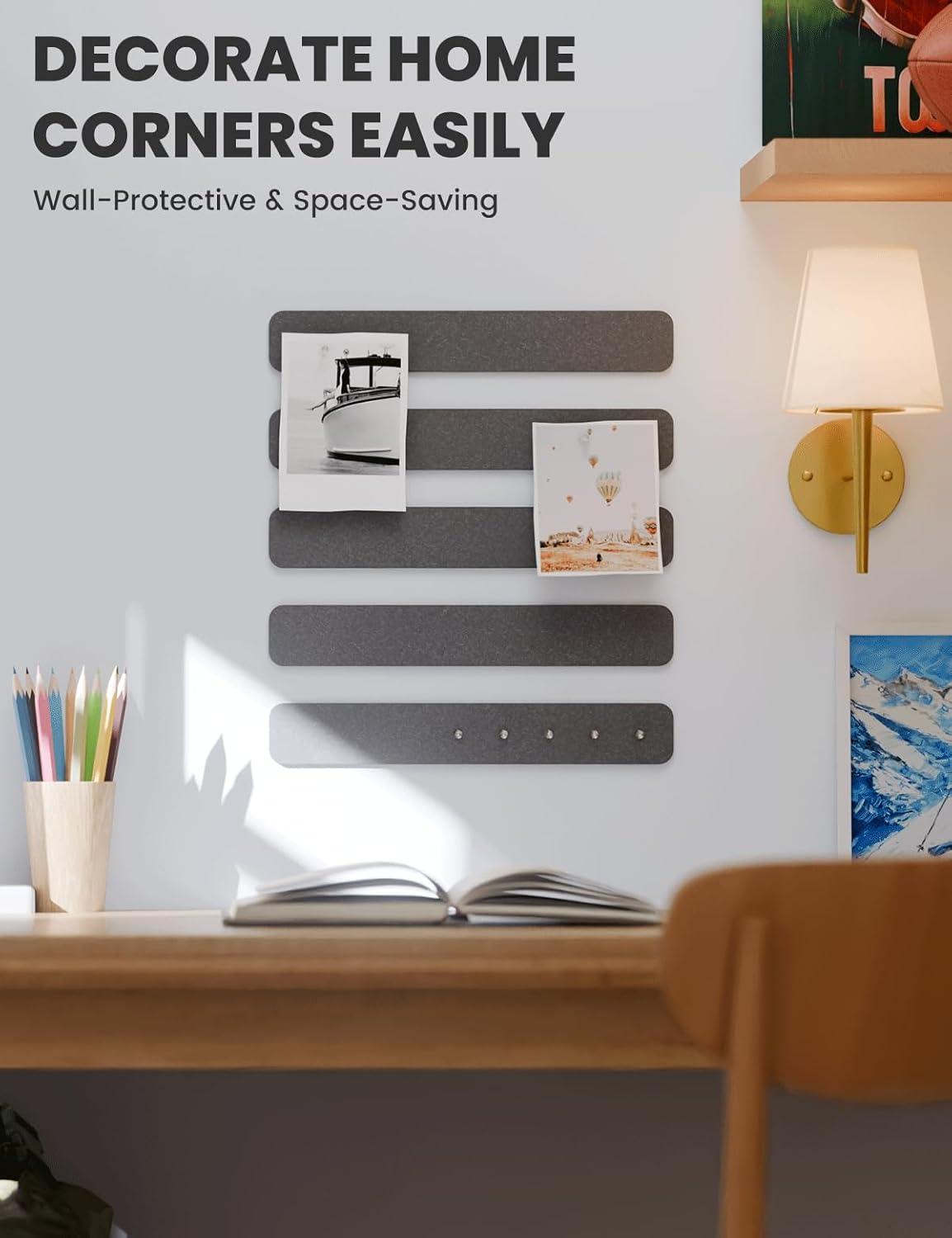 Cork Board Alternative Felt Strip Board 5-Pack 13"x2", Office Pin Board with 35 Push Pins, Adhesive Install for Bedroom Door & Home Office(Charcoal Gray)