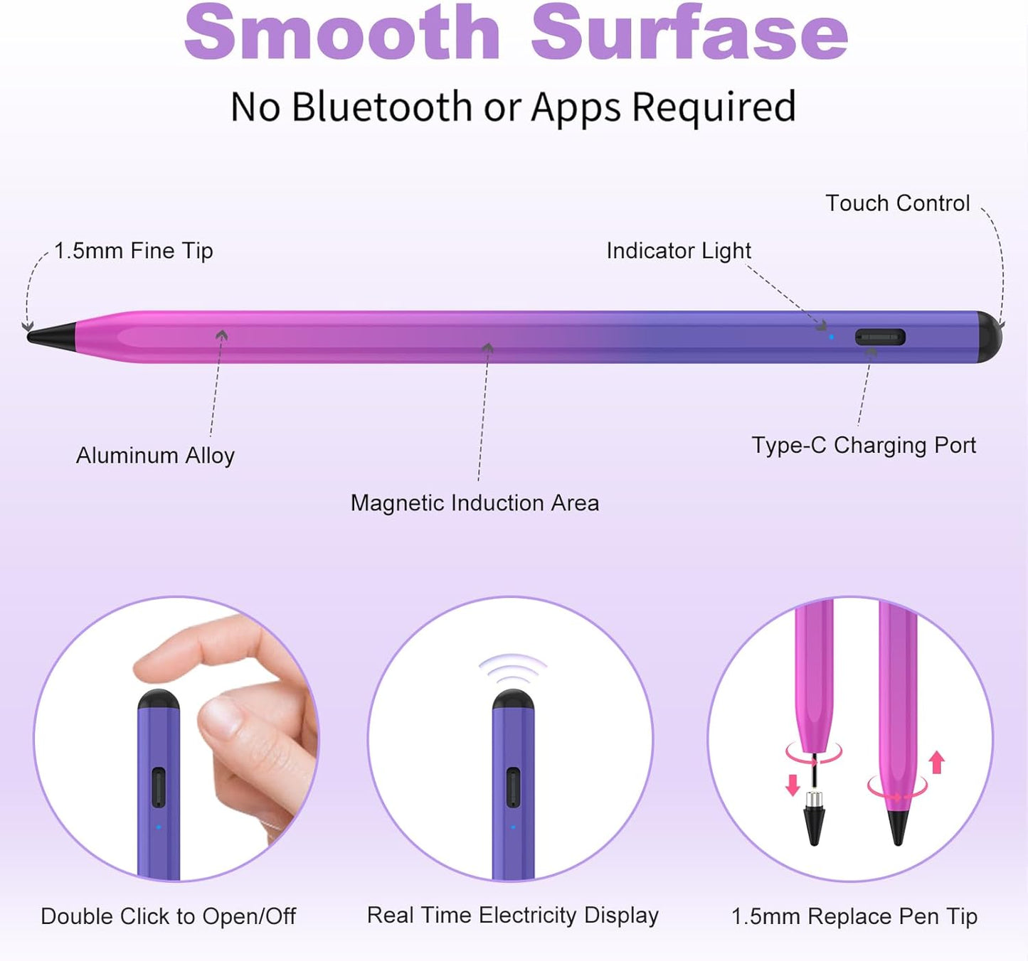 Stylus Pen for iOS&Android Touch Screens, Active Pencil for Samsung, Smart Digital Stylus Pens for Lenovo/Huawei/Vivo/Mi Tablets, iPhone/Google Pixel Smart Phones Drawing&Writing (Purple Rose Red)