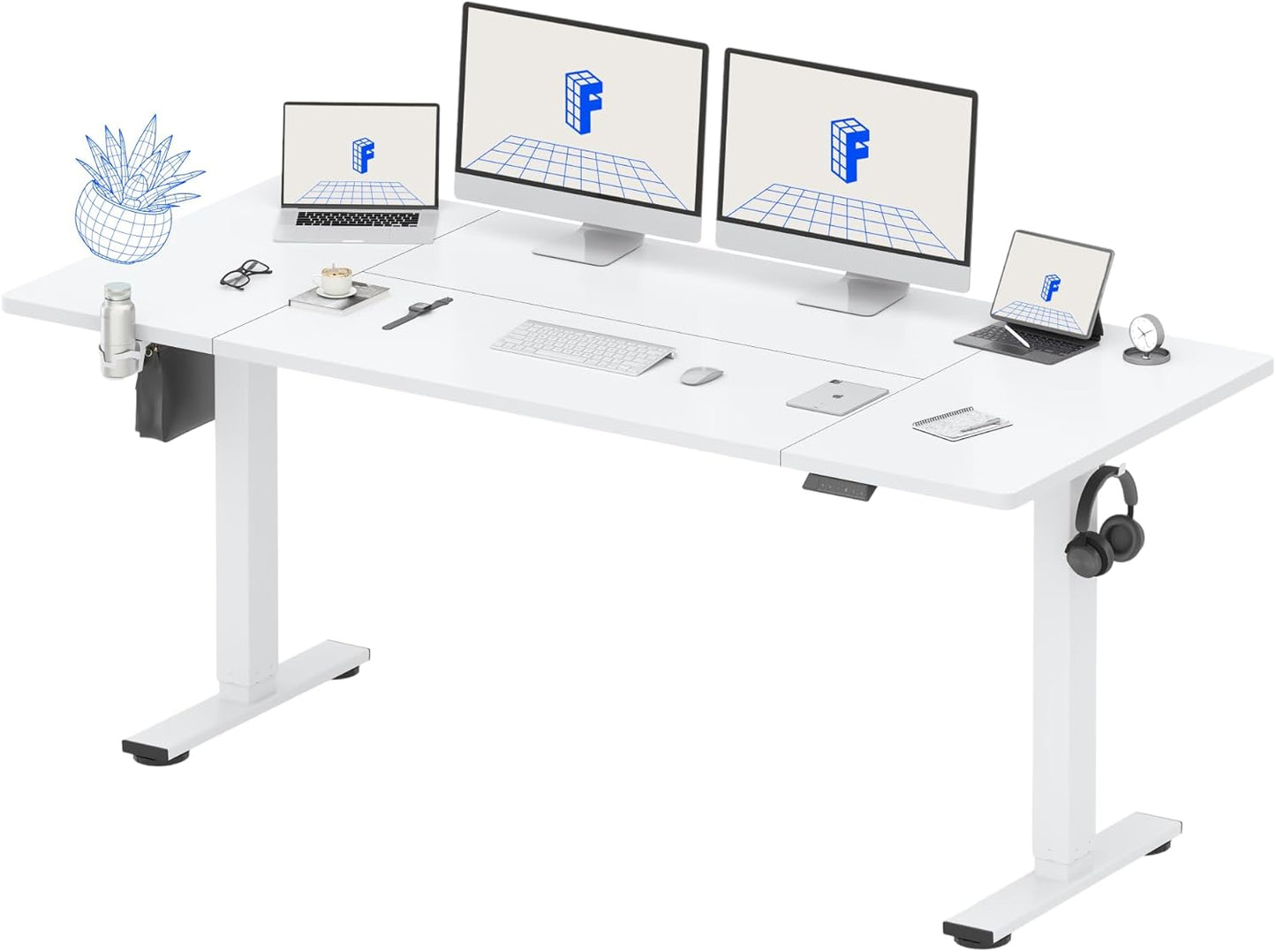 FLEXISPOT 79 x 32 Inch Large Standing Desk, Stand Up Desk with Splice Board, Rising Desks for Home Office, Office Desk with Cup Holder and Headphone Hook (White Frame + White Top, 2 Packages)