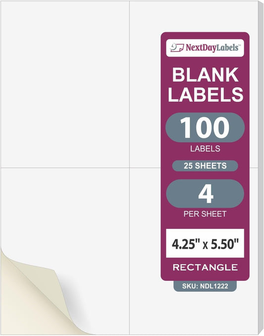 NextDayLabels - Laser/Ink Jet White Labels (4-1/4" x 5-1/2" - 4 Per Page | 100 Labels)