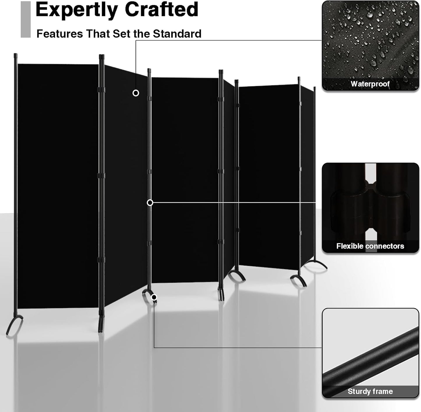 6 Panel Room Divider, 6FT Portable Room Dividers Folding Privacy Screens, 198" W Freestanding Fabric Divider for Room Separation, Partition Room Divider Panel for Dorm Home Studio Office, Black