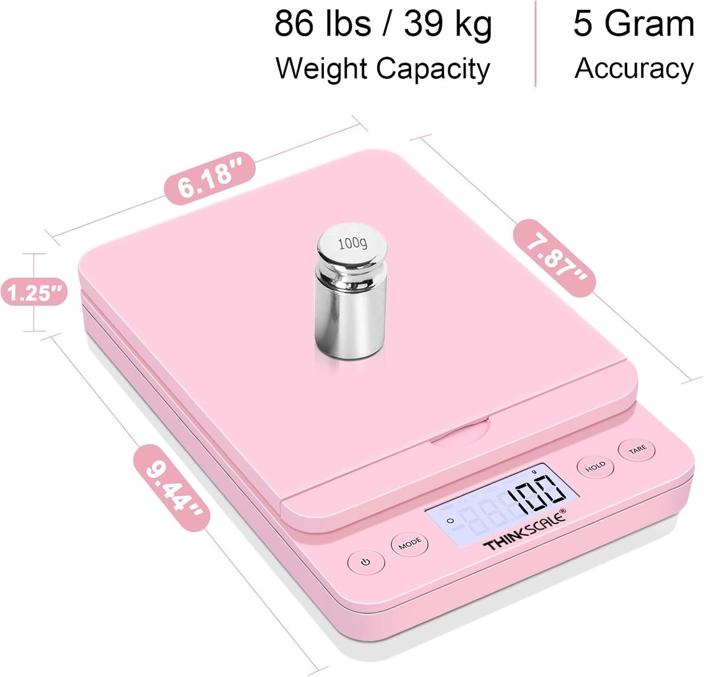 THINKSCALE Shipping Scale, 86lb/0.1oz Postal Scale-Candy Pink Style, Hold/Tear Function, Flip up Holder Postage Scale, Digital Scale for Packages Small Business and Mails, Battery & AC Adapter