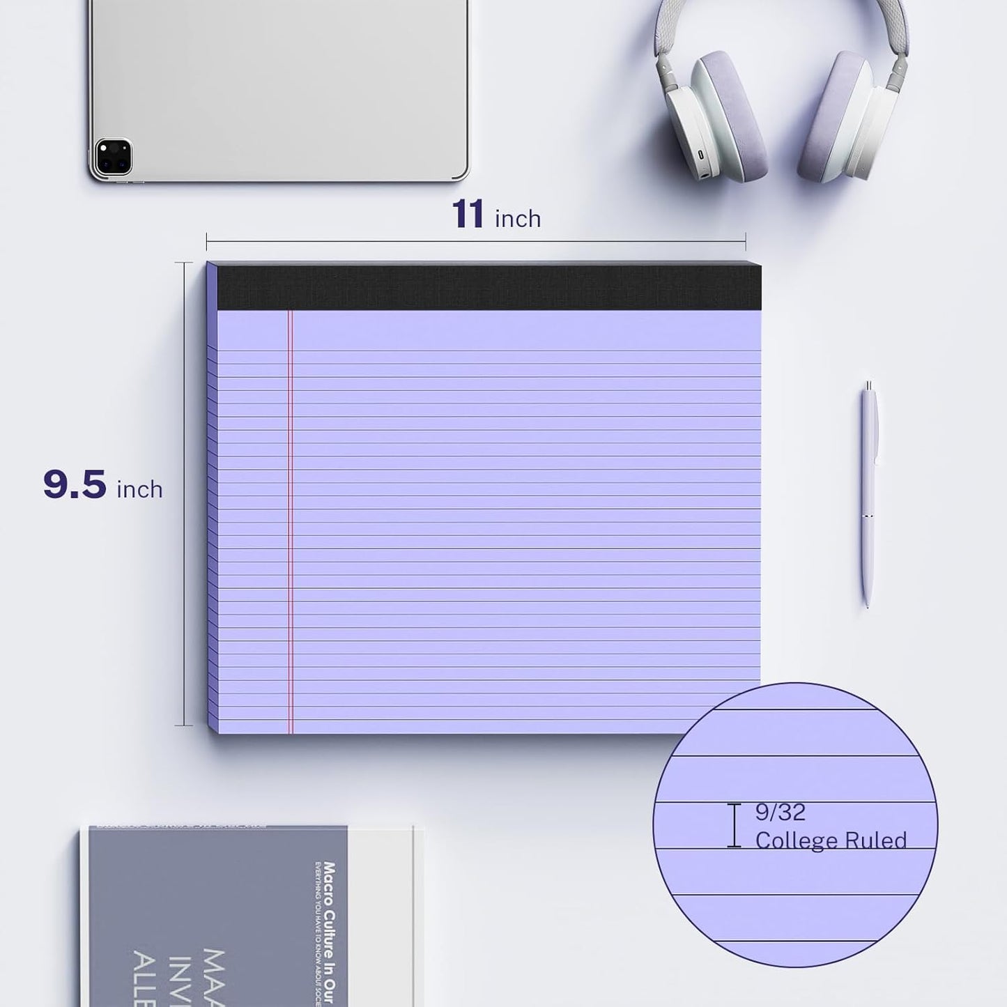 3 Pack Wide Legal Pads 11" x 9.5" (Landscape Format) Purple College Ruled Note Pad Narrow Ruled 30 Sheets per Notepad Perforated Writing Paper with Thick Backboard Horizontal Pads of Paper
