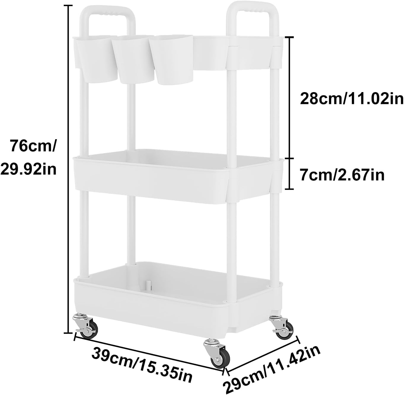 UDEAR 3-Tier Rolling Utility Cart,Multifunctional Storage Shelves with Handle and Lockable Wheels for Room,Office,Kitchen,Bathroom,with 3 Hanging Cups,White