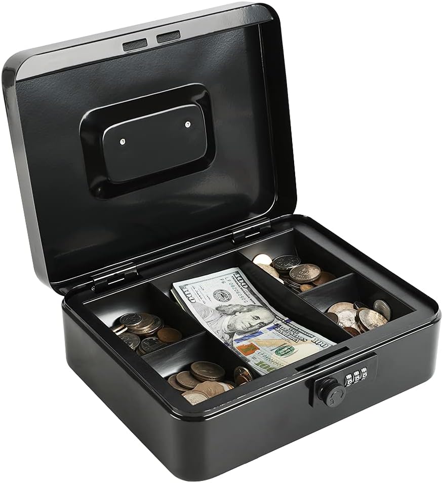 xydled Steel Cash Box Safe with Combination Lock,Money Safe Box with Removable Coin Tray,Large,9.84"x 7.87"x 3.54",Black