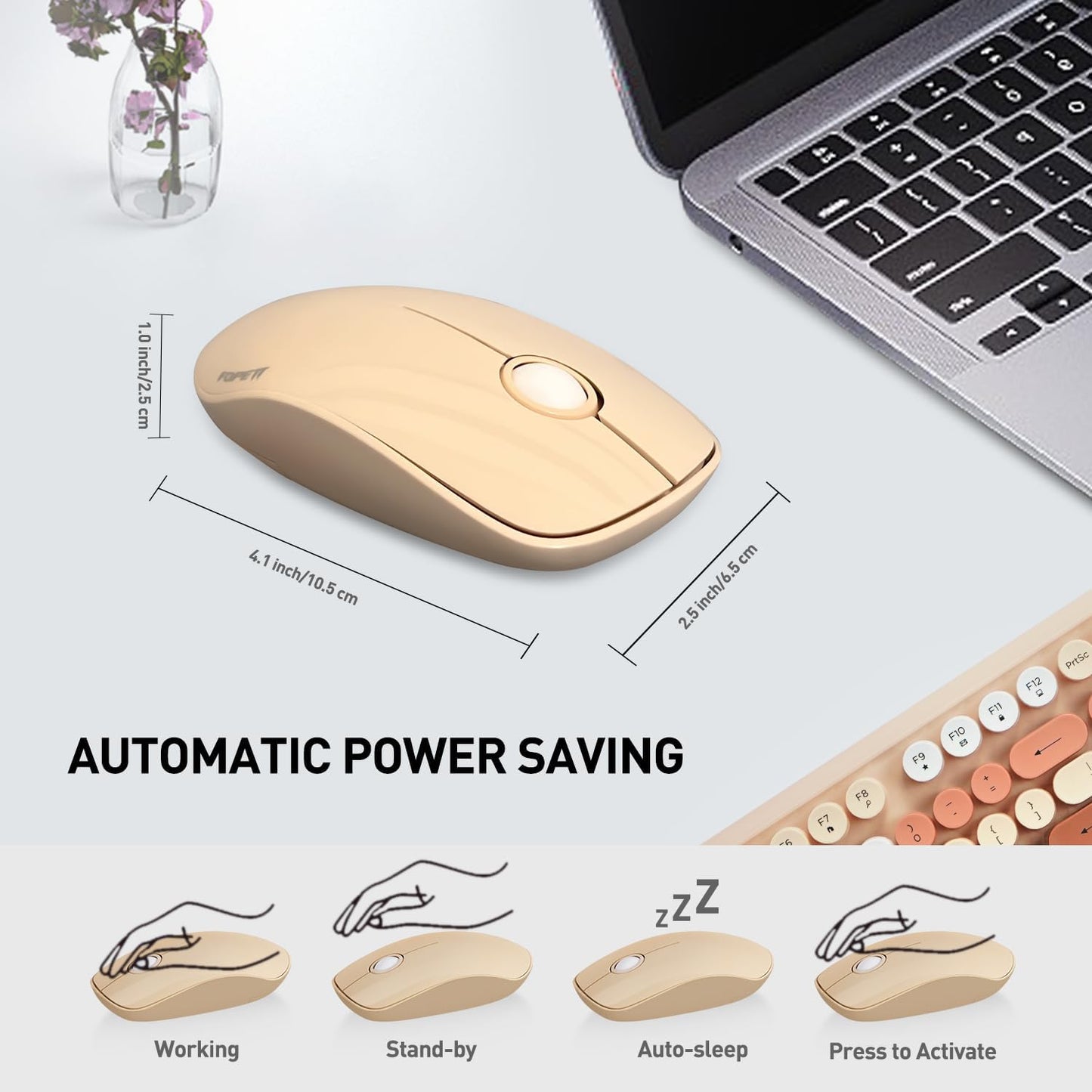 Cute Retro Wireless Keyboard and Mouse Combo with Round Key, 2.4Ghz Dropout-Free Connection, Typewriter Wireless Keyboard and Mouse Set for PC, Laptop, Desktop Computer - Brown Colorful