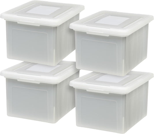 IRIS USA File Box, Plastic File Organizer with Lids for Letter/Legal File, Portable Document Box For Moving, Storage Bin with Durable and Secure Lid, Stackable Nestable BPA-Free, Pearl 35 Qt. 4 Pack