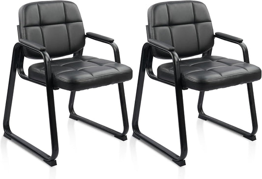 CLATINA Waiting Room Guest Chair with Bonded Leather Padded Arm Rest for Office Reception and Conference Desk Black with Sled Base 2 Pack