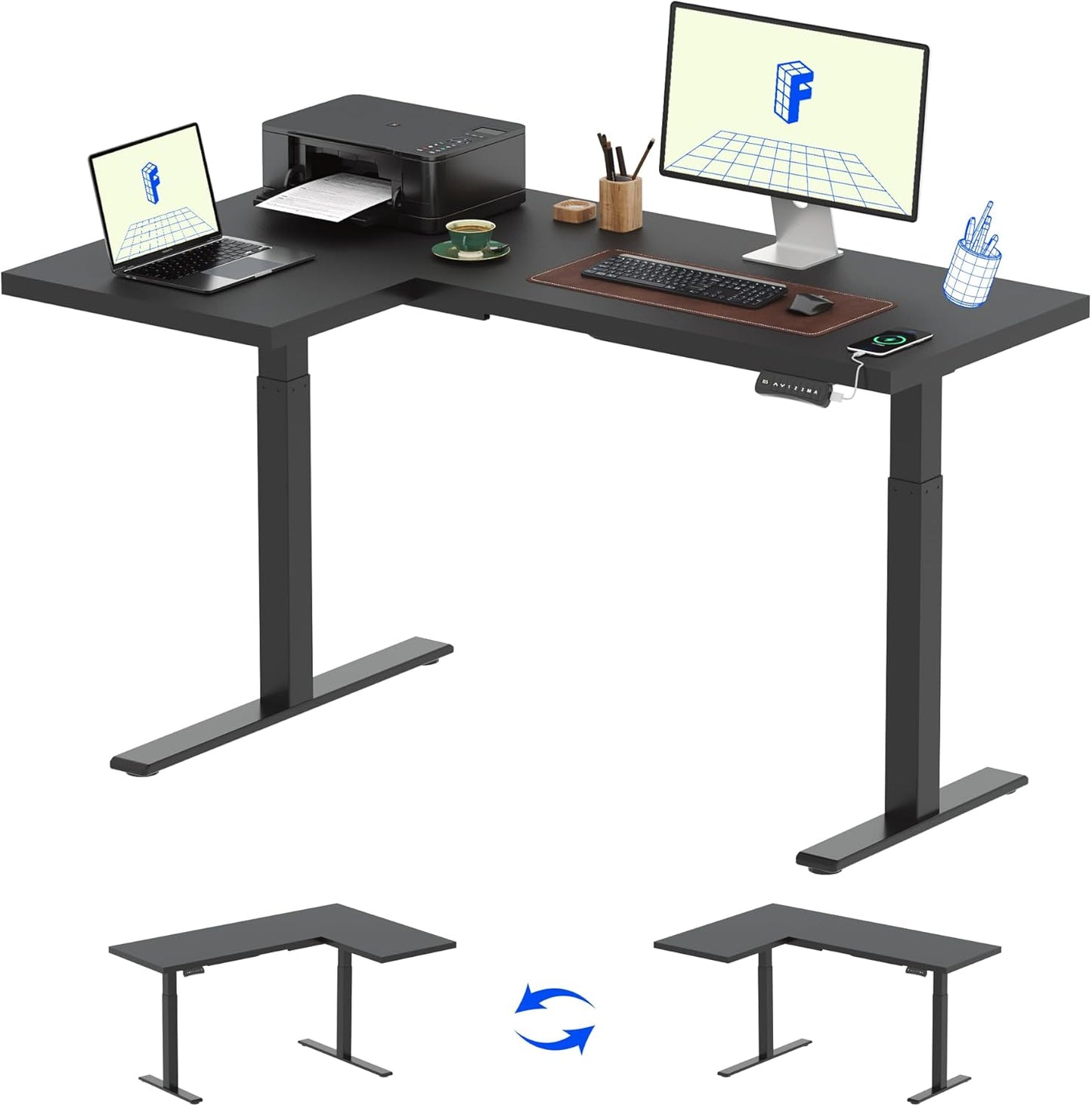 FLEXISPOT Pro Corner Desk Dual Motor L Shaped Computer Electric Standing Desk Sit Stand Up Desk Height Adjustable Desk Home Office Table with Splice Board, 63x40 Black(2 Pakages)