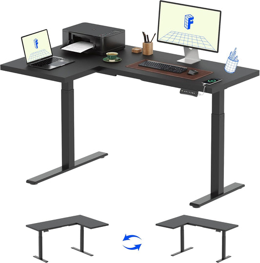 FLEXISPOT Pro Corner Desk Dual Motor L Shaped Computer Electric Standing Desk Sit Stand Up Desk Height Adjustable Desk Home Office Table with Splice Board, 63x40 Black(2 Pakages)