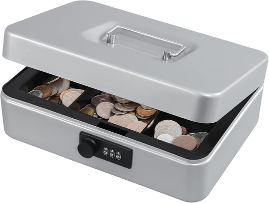 KYODOLED Large Cash Box with Combination Lock,Safe Metal Box for Money, Storage Lock Box with Money Tray,9.84"x 7"x 3.54" Lightgrey Large