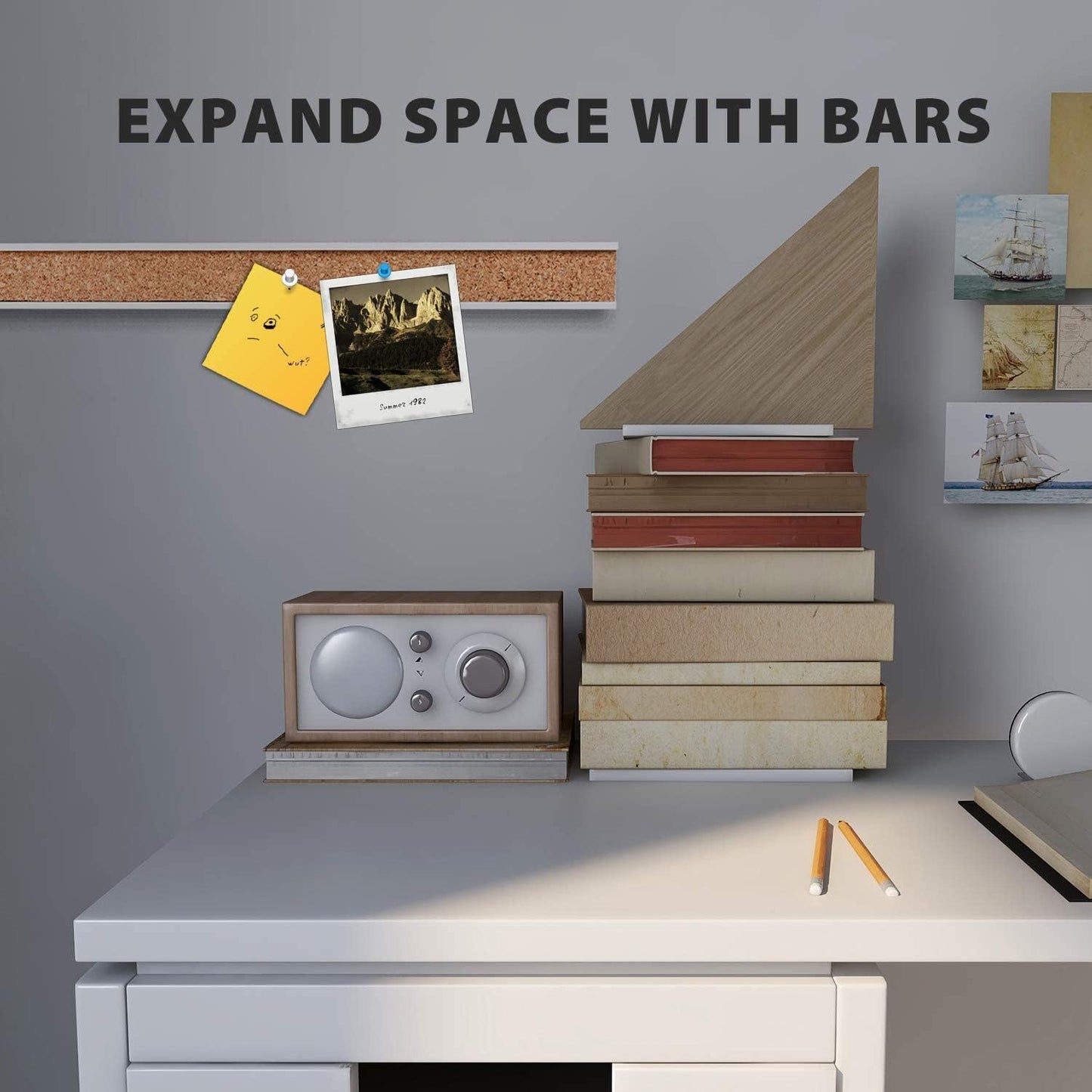 Corksidol Bulletin Bar Strip, Cork Board, Cork Strip, 24" x 1", Classroom, Office, Walls, Cubicle, Aluminum Frame, 1 Pack, Silver