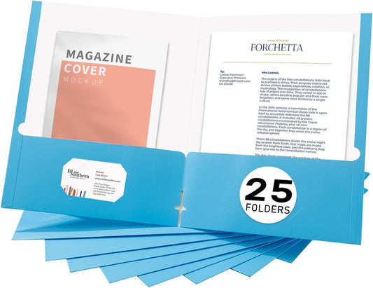 Zzrywuty File Folders with Pockets Letter Size, 25-Pack Paper Folders with Card Slot, Two Pocket Folders for School Students, Businessmen, Home and Office Workers（Light Blue）