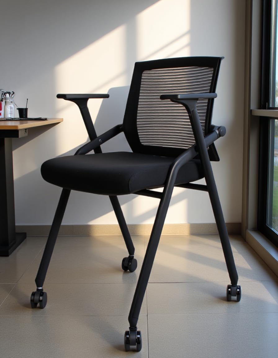2 Pack Stackable Conference Room Chairs with Paddle Folding Office Foldable Desk Chair Mesh Back and Arms for Conference Meeting Guest Reception Home Office Training Room Chair Black