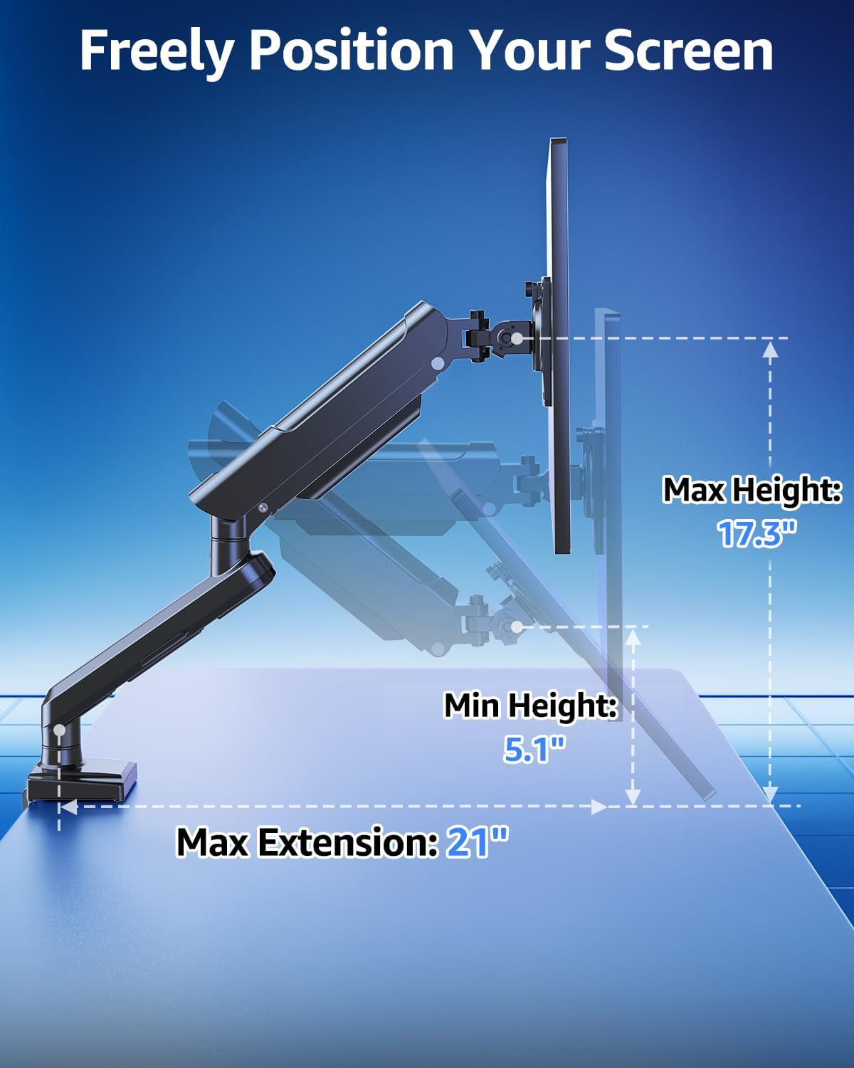 Single Monitor Mount for 32 27 24 22 inch Screen, Gas Spring Arm Holds 4.4-22 lbs, Monitor Desk Mount, Gaming & Home Office Use, VESA 75x75mm & 100x100mm, Freelift Pro Black