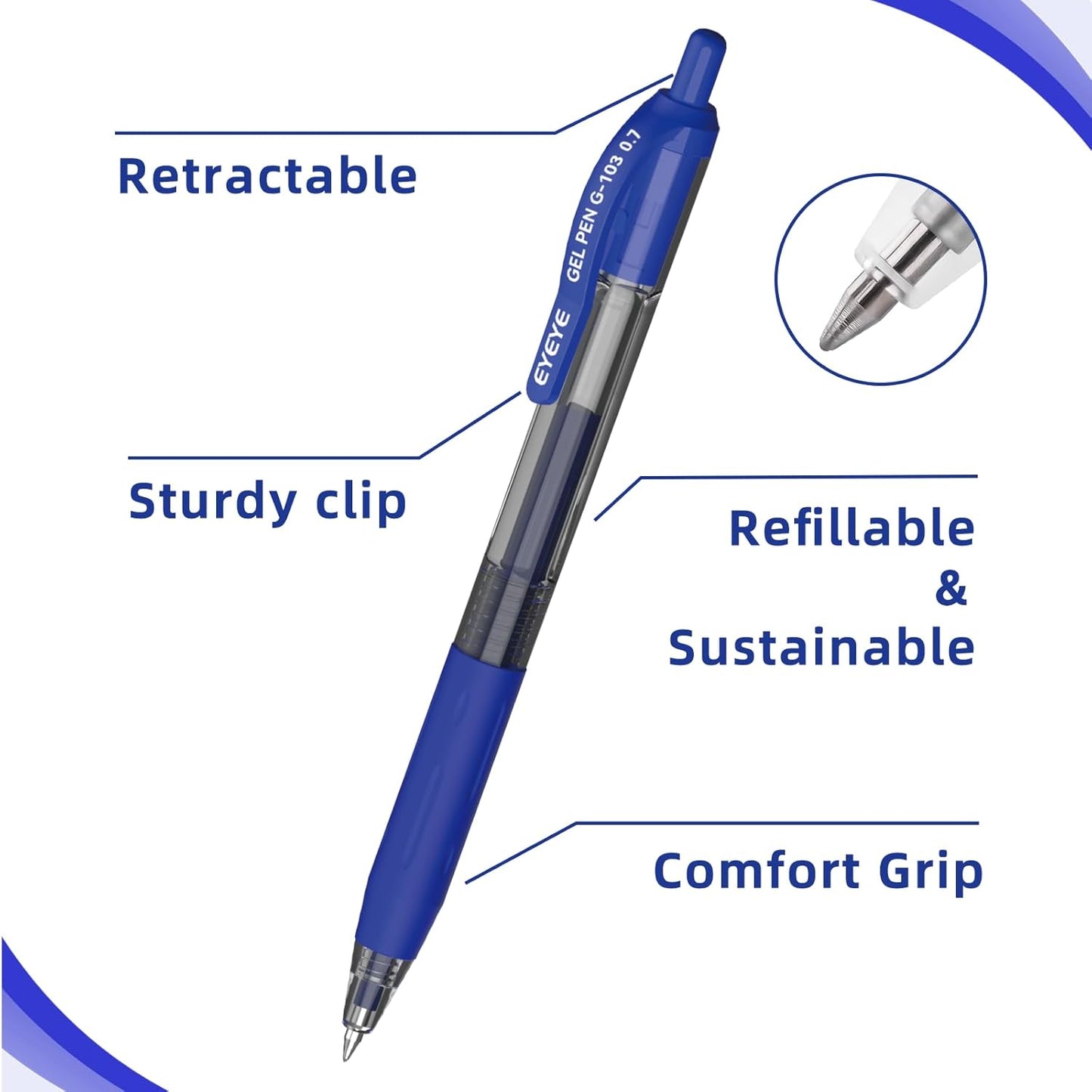EYEYE G-103 Retractable Gel Pens 0.7mm, 50 Pack 0.7 mm Blue Ink Medium Point Ballpoint Pen Quick Drying, Pen Fine Point Smooth Writing Pens for for Office School Supplies