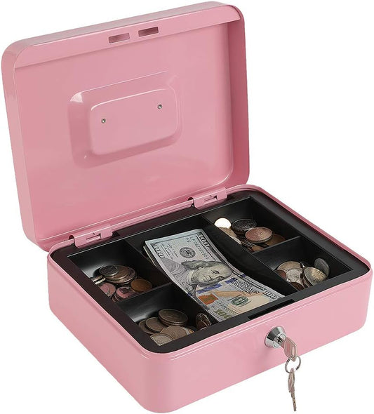 xydled Locking Steel Large Cash Box with Removable Coin Tray and Key Lock,9.84"x 7.87"x 3.54",Pink