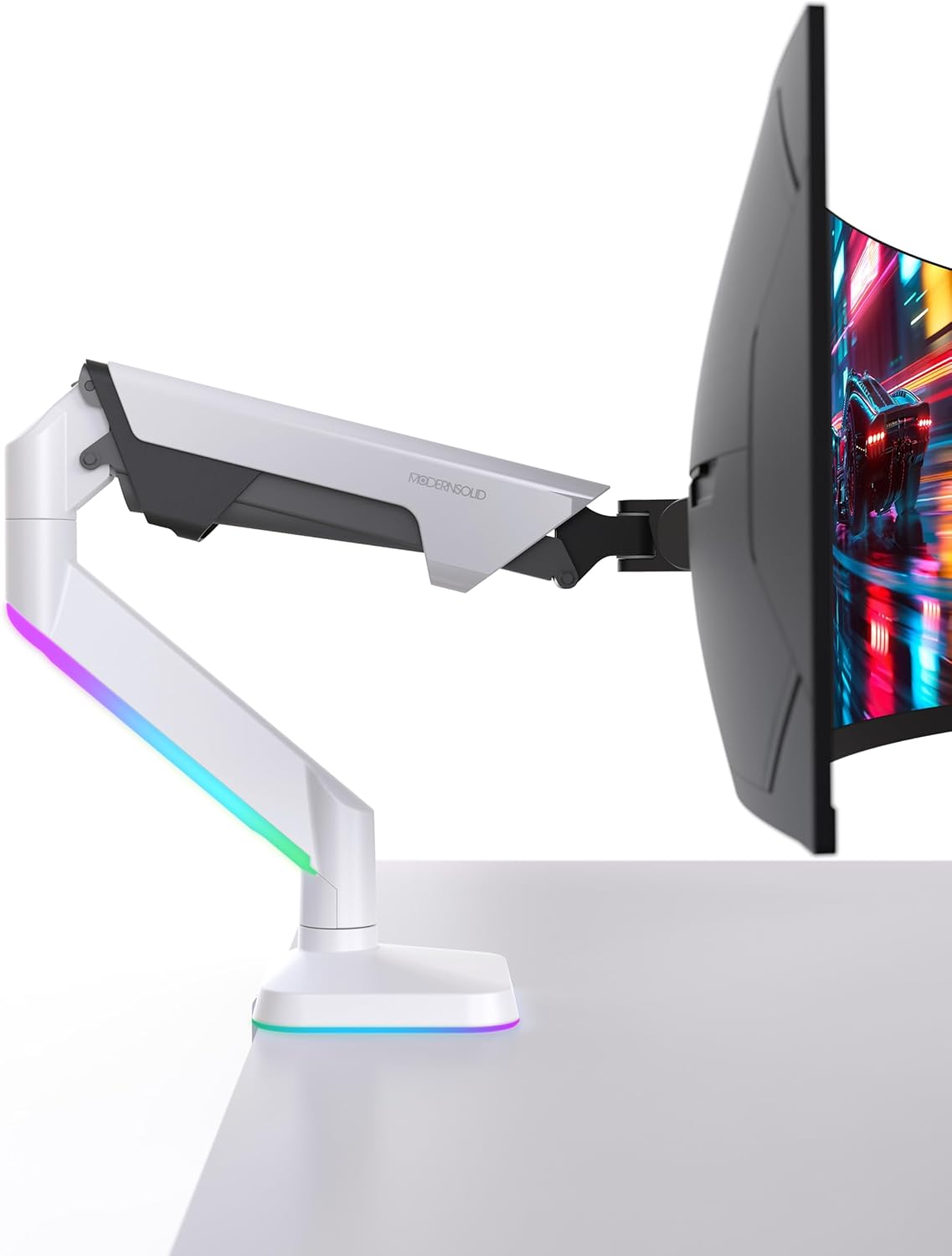 Heavy Duty Ultrawide Monitor Arm with RGB Lighting & USB Charging, Fits 34 to 49 inch Curved Screens, Supports 14 to 38 lbs, Adjustable Desk Mount, Compatible with Gaming Setup, White