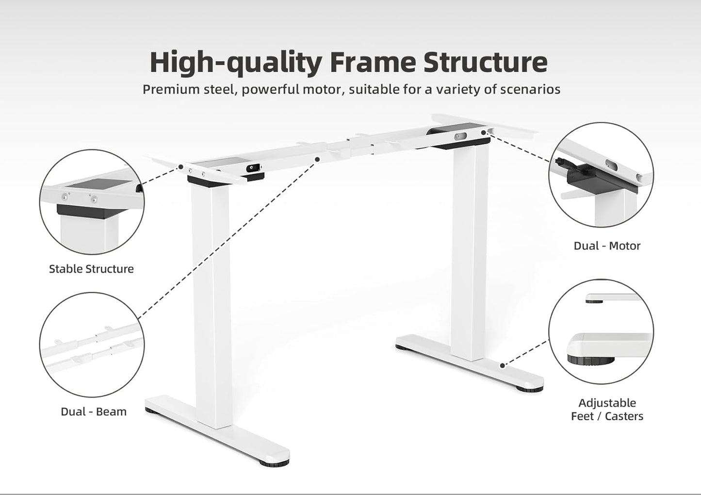 Claiks Dual Motor Standing Desk Frame, Electric Stand Up Desk Legs Frame Workstation Up to 63",T-Shaped Adjustable Standing Computer Desk for Home and Office, (White Frame only)