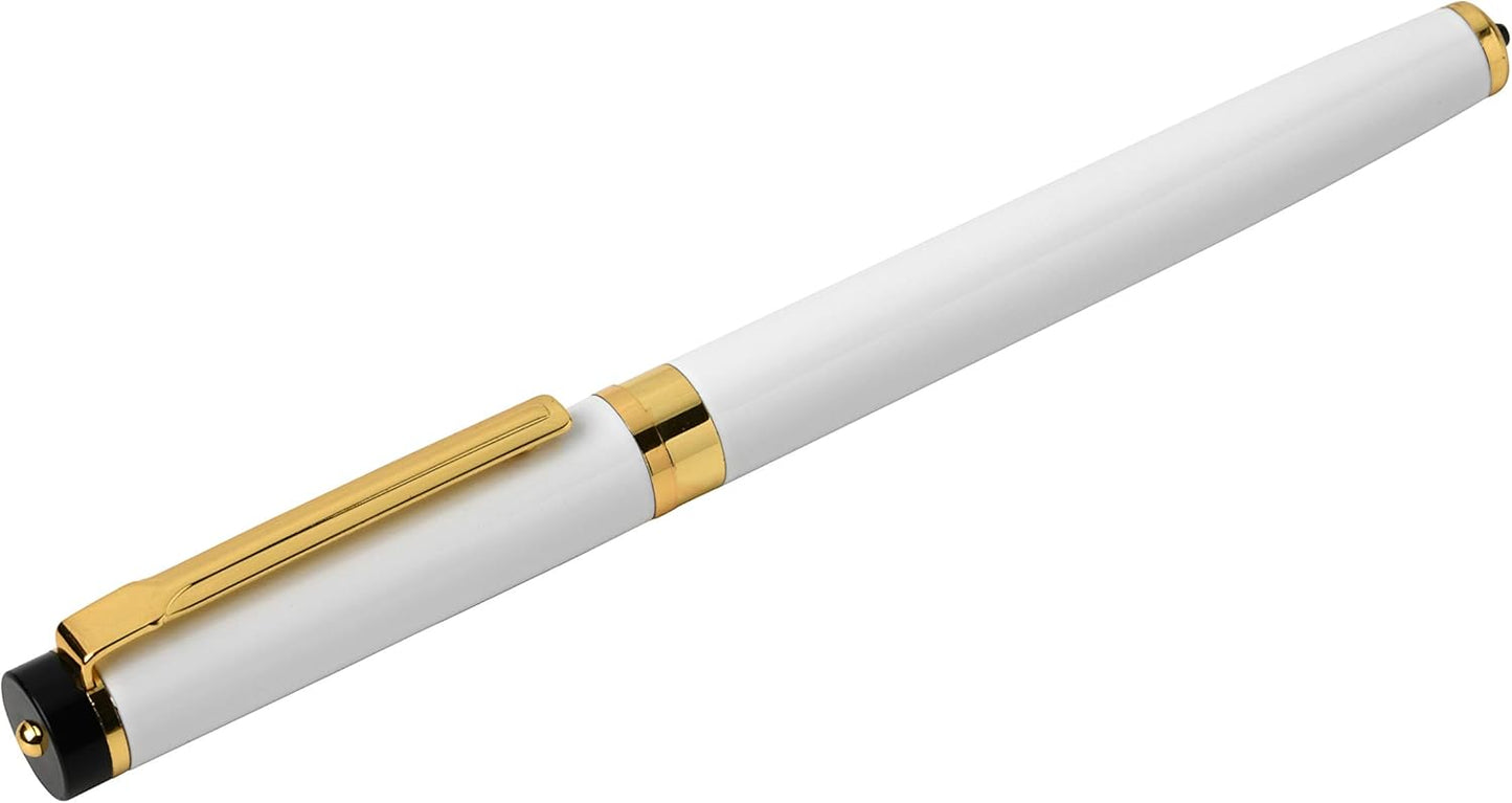 Dryden Designs Fountain Pen Medium Nib, Pearl White, Left and Right Handed, Includes 24 Ink Cartridges - 12 Black and 12 Blue