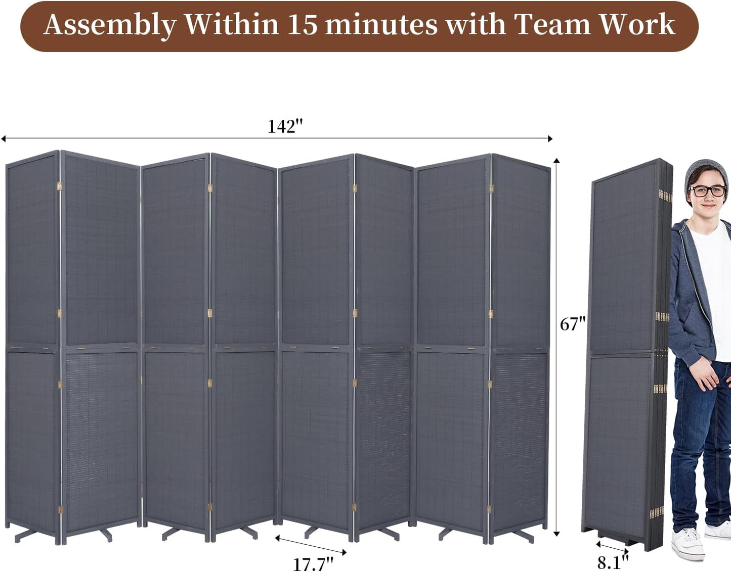 Bamboo Room Divider 8 Panel Wall Divider, 142'' W x 67'' H Folding Design with Extra Stable Base, 100% Bamboo Room Divider Screen for Room Separation, Chinese Room Partitions and Dividers Freestanding