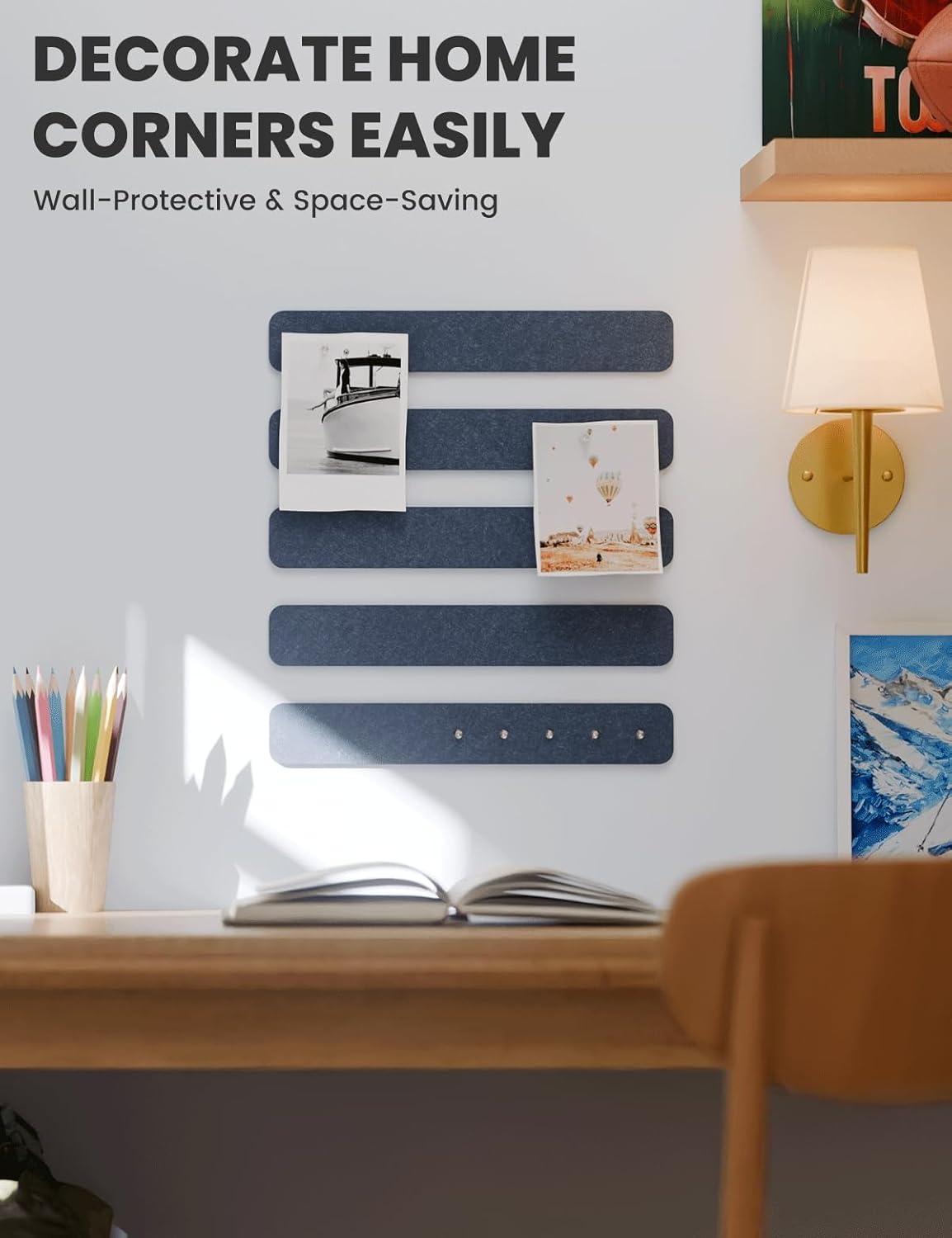 Cork Board Alternative Felt Strip Board 5-Pack 13"x2", Office Pin Board with 35 Push Pins, Adhesive Install for Bedroom Door & Home Office(Denim Blue)