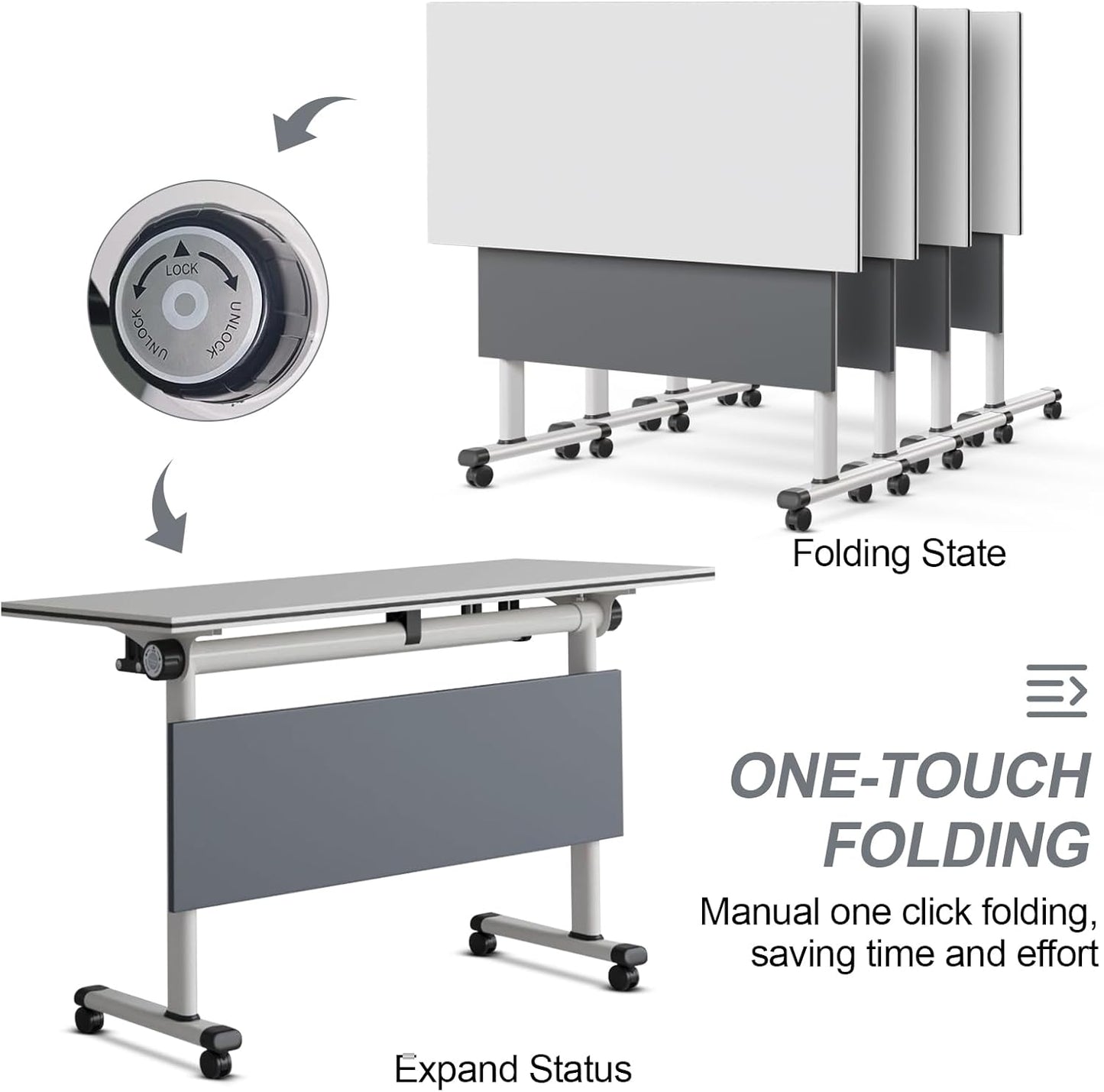 Folding Conference Table, Modern Large Conference Room Tables with Flip-Top Design, Foldable Conference Table Meeting Table with Wheels, Mobile Seminar Training Tables for Office Classroom (6, Gray)