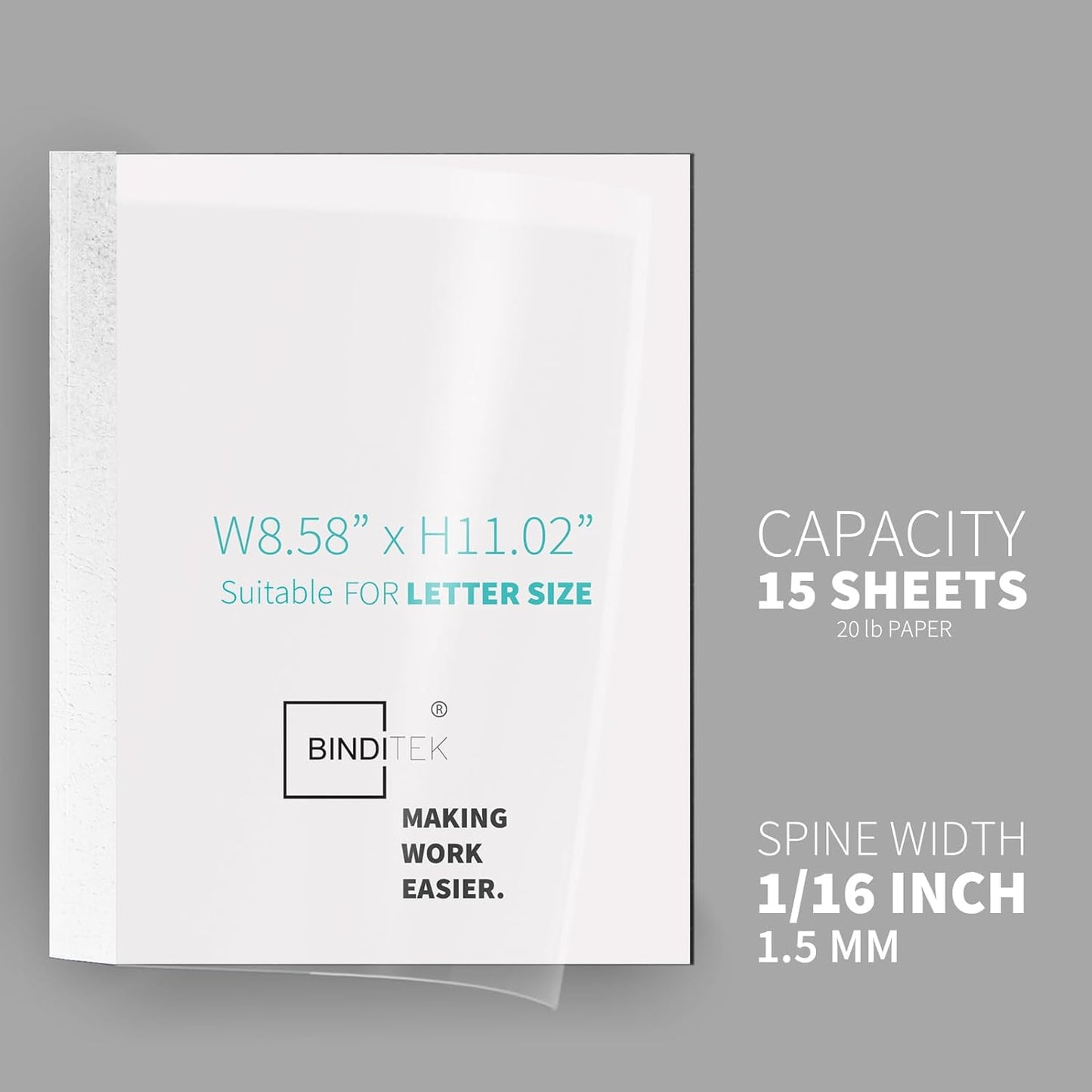 Binditek 10 Pack Thermal Binding Presentation Covers, 1/16 Inch Spine, Holds 15 Sheets, Ultra Clear Front Cover, White Paper Back Cover, Letter Size, for Students and Coworkers