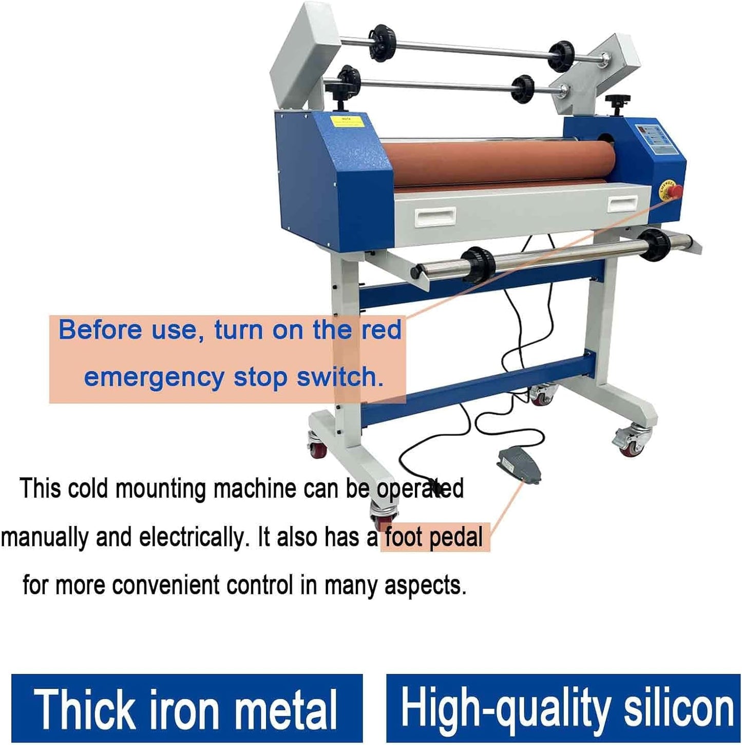 25in(635mm) 110V Semi-auto Cold Laminating Machine with Soft Rubber Roller, Electric/Manual, Adjustable Speed Laminator with Foot Pedal, 1" Maximum Laminating Thickness