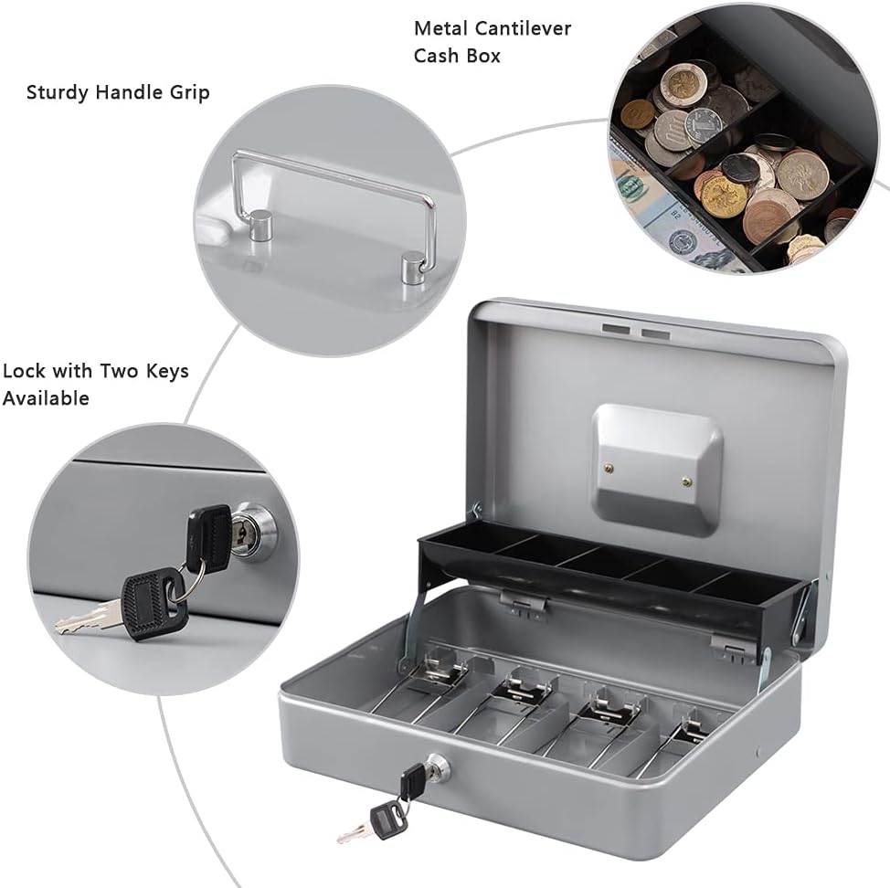 KYODOLED Locking Cash Box with Lock,Money Box with Cash Tray,Lock Safe Box with Key Money Saver,Money Saving Organizer,11.81Lx 9.45Wx 3.54H Inches,Lightgrey XL Large