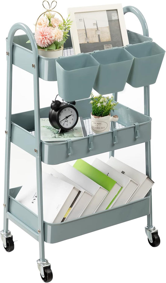 danpinera 3-Tier Rolling Cart, Metal Rolling Storage Cart with Lockable Wheels & Hanging Cups & Hooks, Mobile Trolley Cart for Kitchen, Bathroom, Office, Workshop, Gray Blue