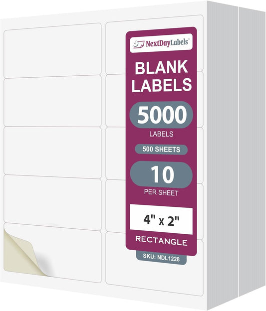 NextDayLabels – 4” x 2” Rectangular Sticker Labels for Printer - White Laser/Inkjet Printer Labels Return Address Labels Shipping Label Stickers (500 Sheets, 10 Per Sheet, 5000 Labels)