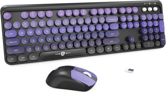 Wireless Keyboard and Mouse Combo, 2.4 GHz Wireless Full-Sized Typewriter Keyboard with Round Keycaps for Windows, Computer, Desktop, PC, Laptop (BlackPurple)