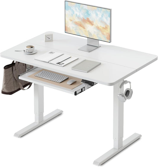 FEZIBO Standing Desk with Keyboard Tray, 40 x 24 Inch Adjustable Height Sit Stand Desk with Memory Presets for Home Office, Ergonomic Computer Workstation, White