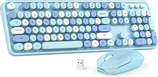 Wireless Keyboard and Mouse Combo, MOWUX Colorful Computer Full Size 2.4G Plug and Play Wireless Typewriter Keyboard and Mouse Set for Windows, Computer, Desktop, PC, Notebook (Blue Colorful)