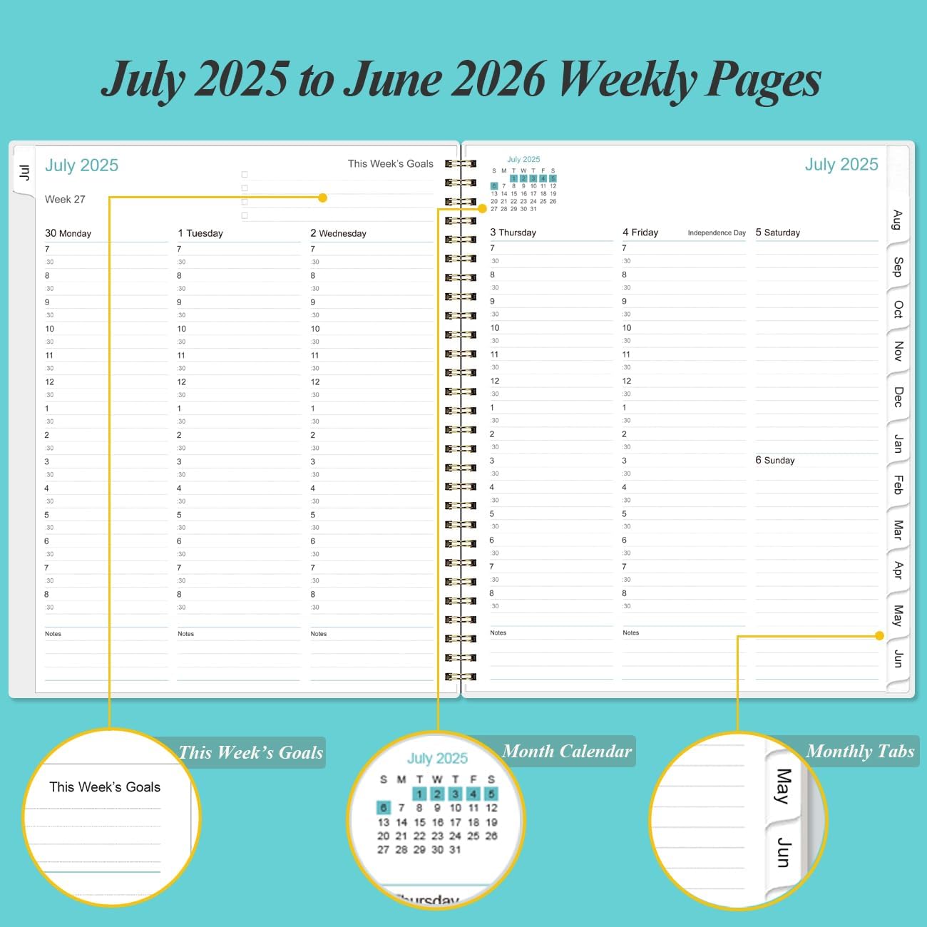 2025-2026 Appointment Book & Planner - 8.5" x 11" Daily Hourly Planner 2025 from July 2025 - June 2026, Weekly Appointment Book with 30-Minute Interval, Teal Flowers