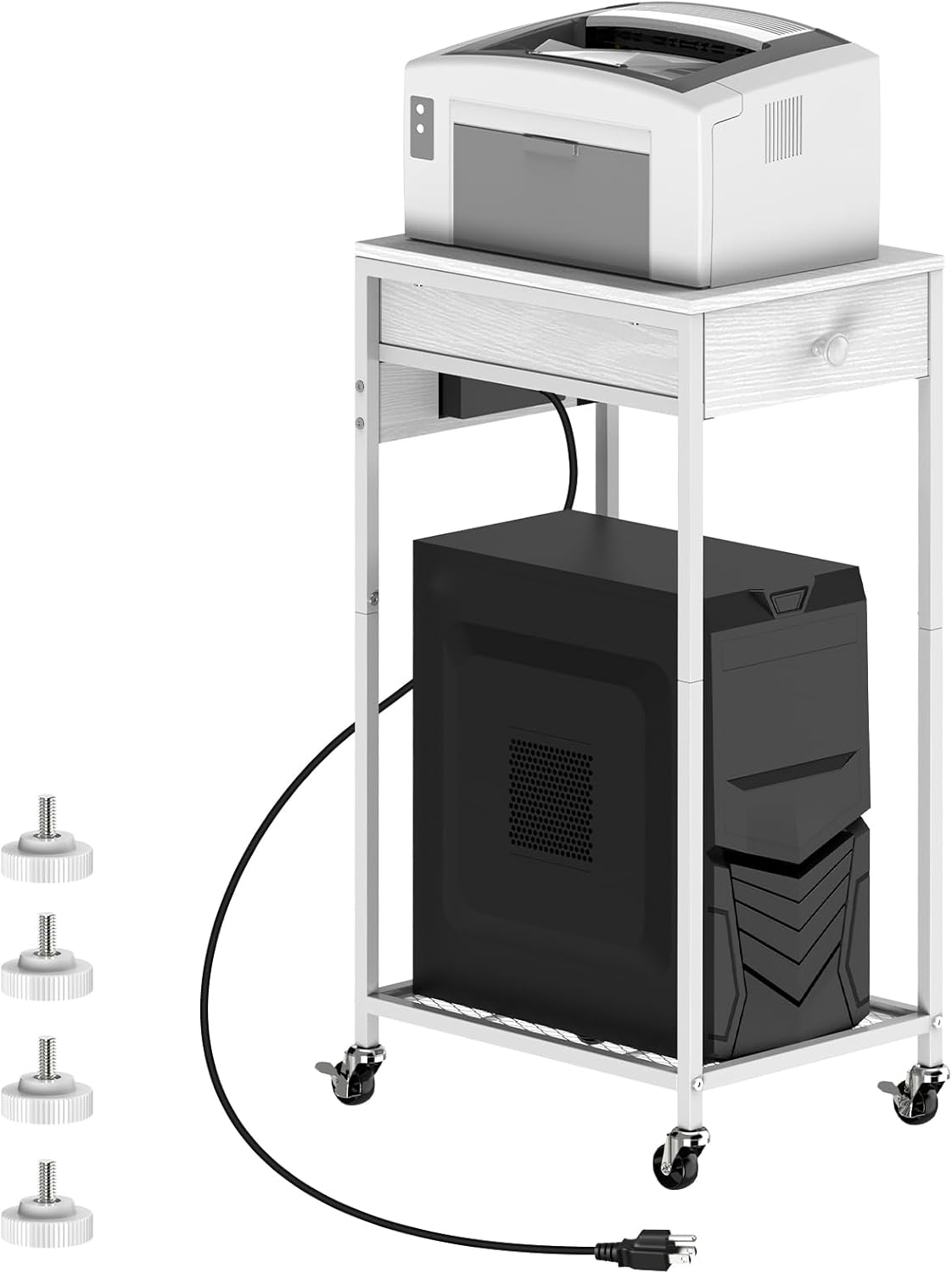 Computer Tower Stand, Adjustable PC Tower Stand CPU Holder Cart with Charge Station and USB Charging Port, 2 Tier Printer Stand with Wood Storage Drawer for Home Office Fax, White