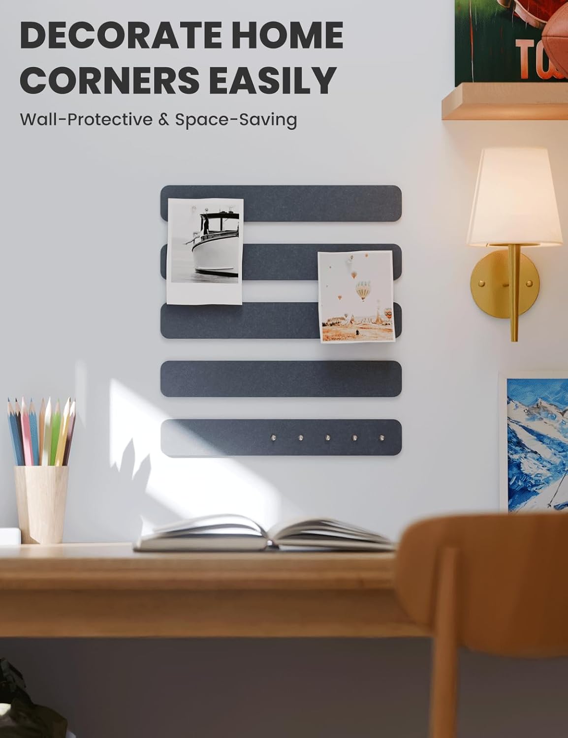 Cork Board Alternative Felt Strip Board 5-Pack 13"x2", Office Pin Board with 35 Push Pins, Adhesive Install for Bedroom Door & Home Office(Deep Charcoal Blue)