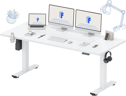 FLEXISPOT 71 x 32 Inch Large Standing Desk, Stand Up Desk with Splice Board, Rising Desks for Home Office, Office Desk with Cup Holder and Headphone Hook (White Frame + White Top, 2 Packages)