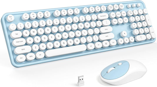 Wireless Keyboard and Mouse, Typewriter Full Size Keyboard with Number Pad and 2 in 1 USB Connected Mouse for Mac, Windows 7/8/10, Laptop, Desktop, PC, Computer (Blue-White)