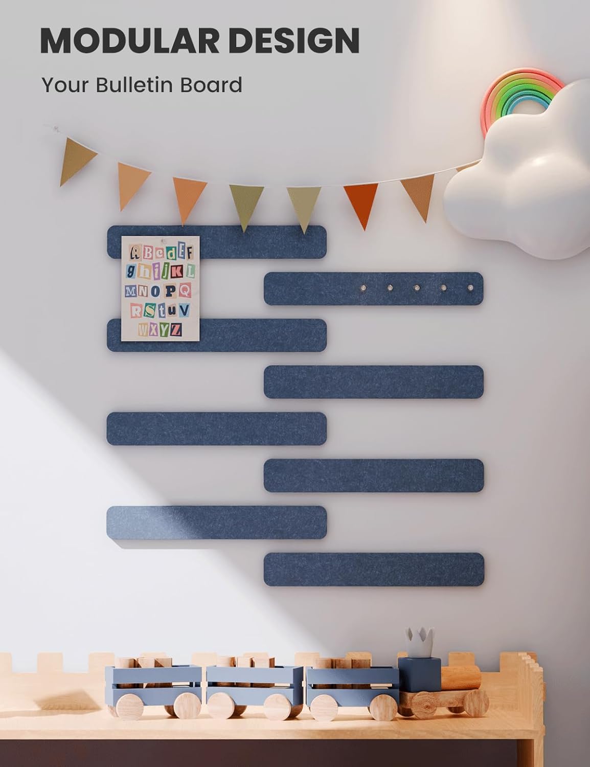 Cork Board Alternative Felt Strip Board 8-Pack 13"x2", Office Pin Board with 50 Push Pins, Adhesive Install for Bedroom Door & Home Office(Denim Blue)