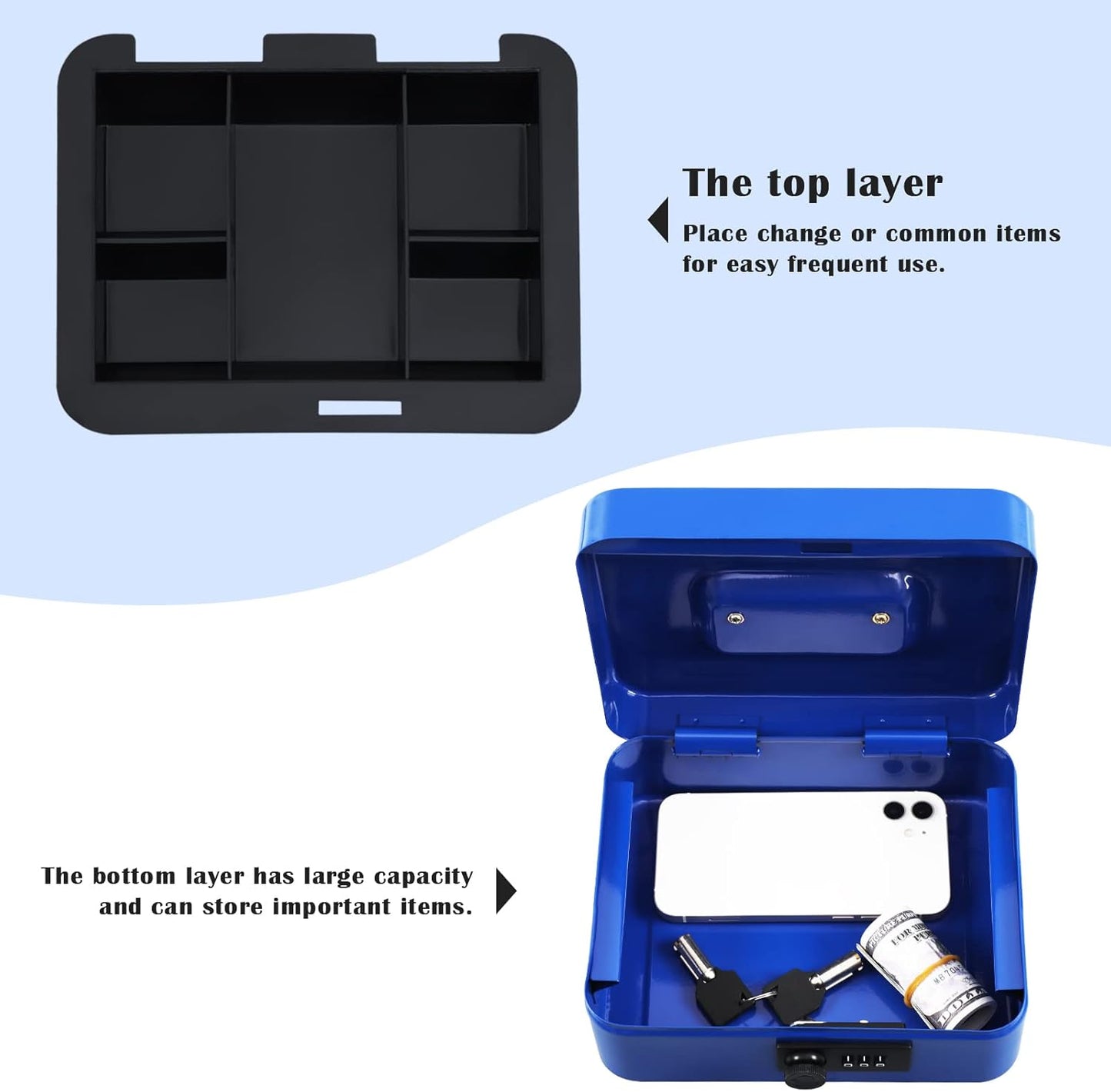 xydled Steel Cash Box Safe with Combination Lock,Money Safe Box with Removable Coin Tray,Medium,7.87"x 6.30"x 3.54",Blue