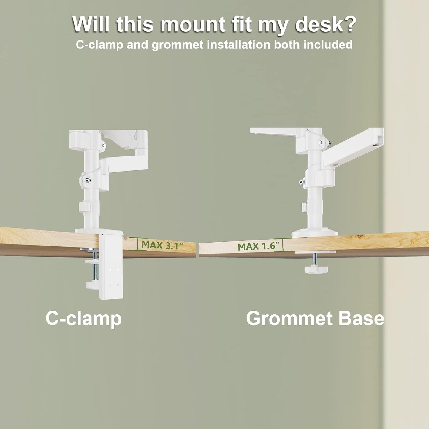WALI Dual Monitor Mount, Adjustable Gas Spring Arms Desk Mount for 2 Monitors up to 32 inch, 17.6lbs Weight Capacity, Mounting Holes 75 x 75mm or 100 x 100mm (GSDM002W), White