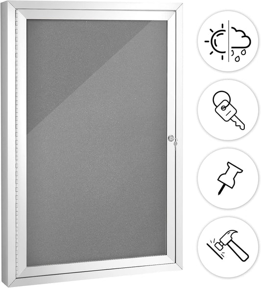 SWANCROWN Enclosed Bulletin Board Grey Felt Displays Boards Weather Resistant Wall Mounted Notice Case,28x20inches