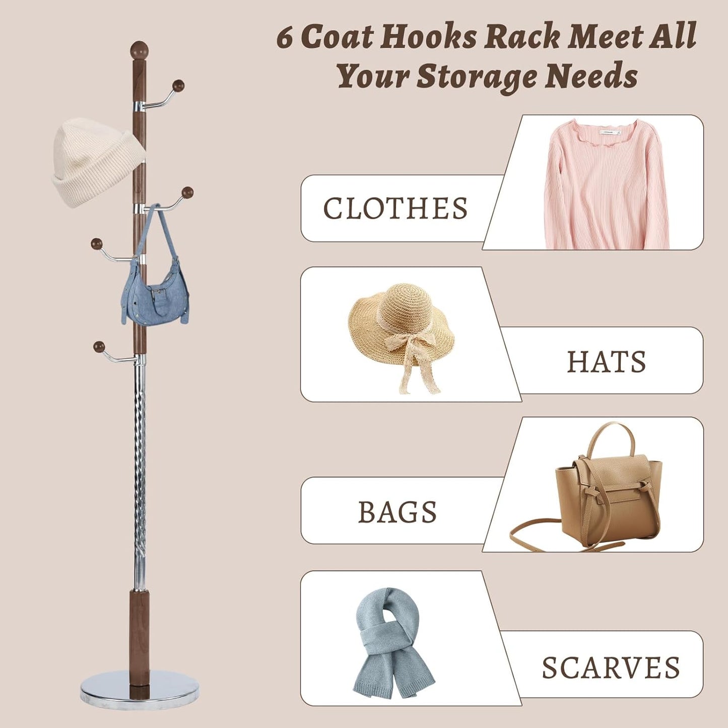 Wooden Coat Rack Freestanding with Resin Hooks, Adjustable Heavy Duty Stand for Hanging Coats, Bags, Hats, and Umbrellas in Living Room, Bedroom, Entryway (Cherry color-metal)