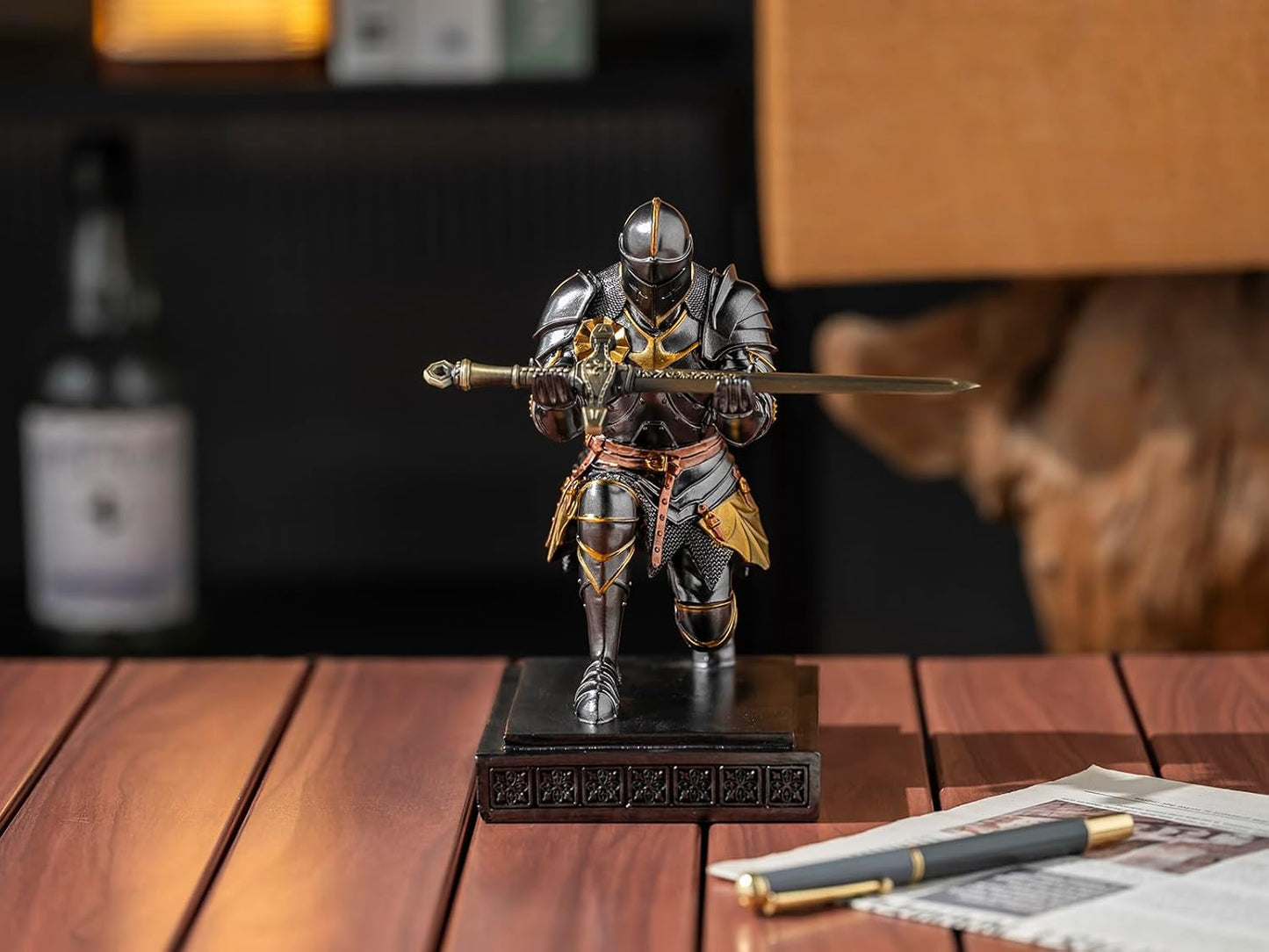 Medieval Armored Warrior Knight Pen Holder Desk Organizers and Accessories Resin Pencil Holder Paperweight as Gift with a Cool Letter Opener for Desk (Iron)