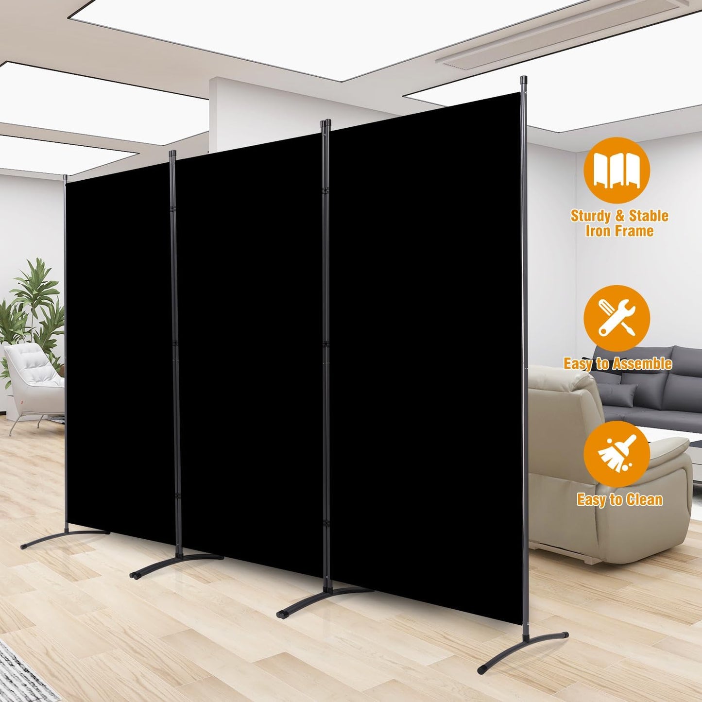 3 Panel Folding Privacy Screens, 6 FT Tall Wall Divider with Metal Frame, Freestanding Room Divider for Office Bedroom Study (3 Panel, Black)
