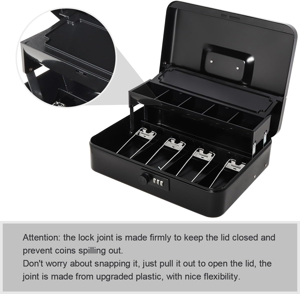 Jssmst Locking Metal Cash Box with Coin Lid, 11.8L x 9.5W x 3.5H Inches, Safe Money Box with Combination Lock, Black, SM-CB0512B