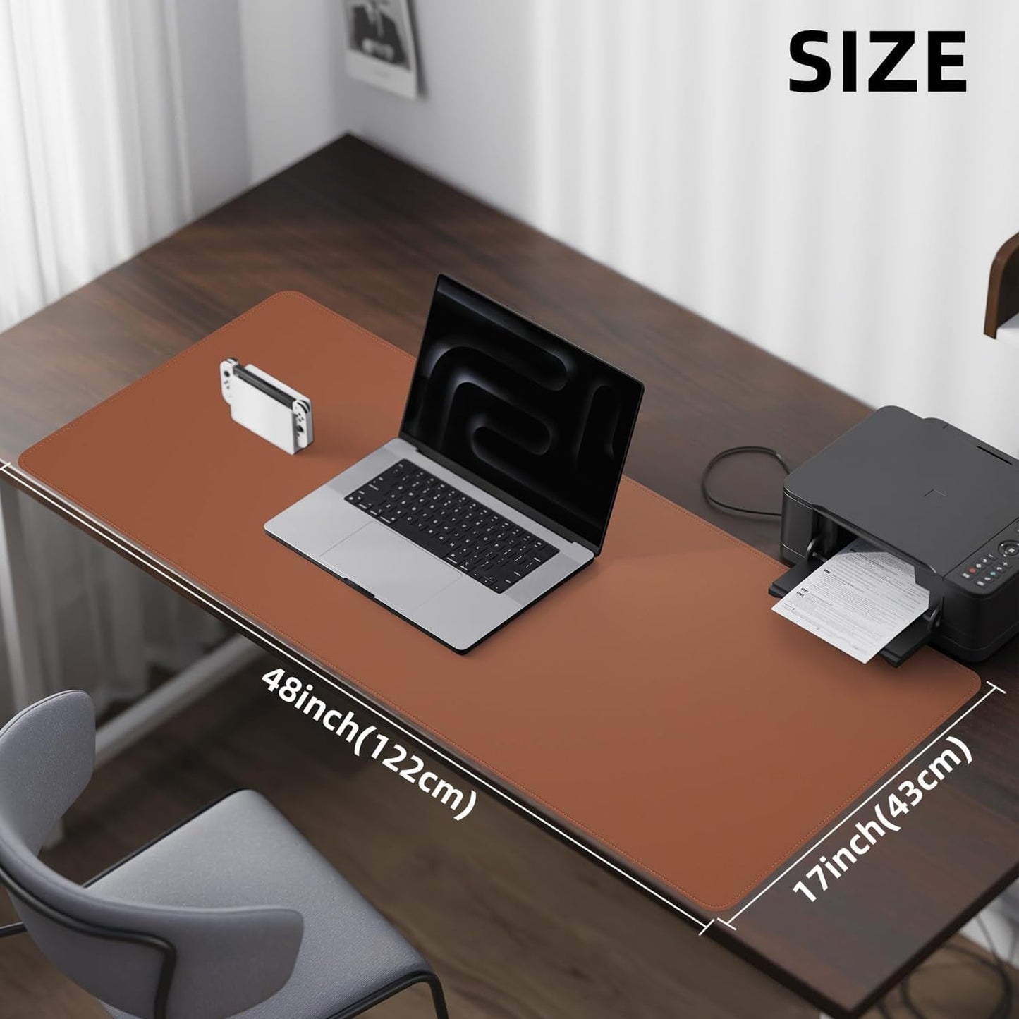 Large Desk Mouse Pad Protector, Stitched Locking Edge Non-Slip PU Leather Desk Mat Laptop Table Pad Blotter, Waterproof Durable Writing Pad for Office and Home (Brown, 120 x 43cm)