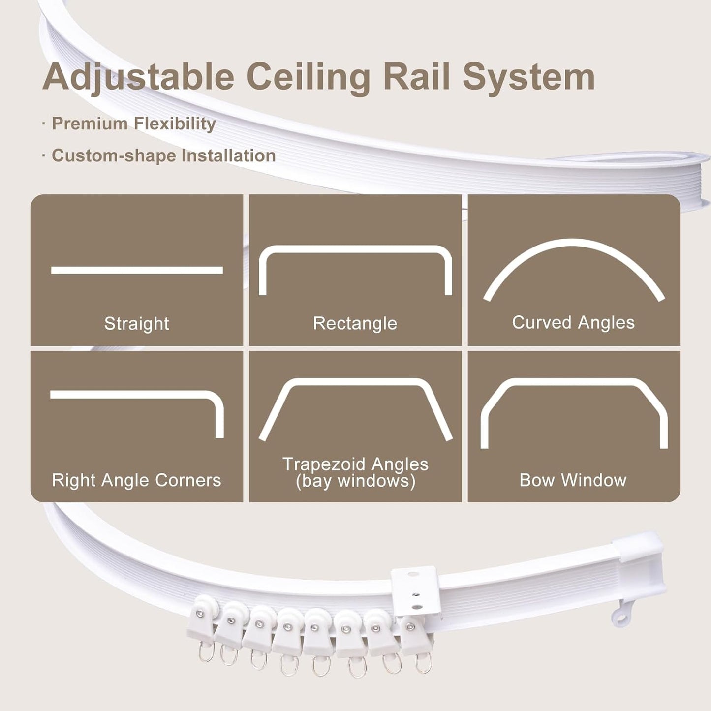 Room Divider Curtains & Flexible Bendable Tracks Set,Privacy Dividers Ceiling Track Curtain Window Blackout Curtains for Living Room Bedroom (W100 × H84 in 1 Panel Khaki Drape & White Rail)